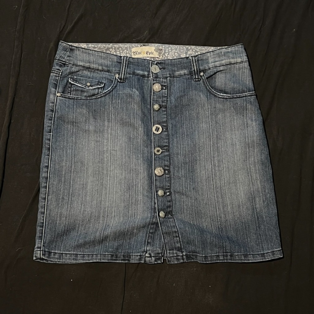 ✮ button down knee length jean skirt ✮